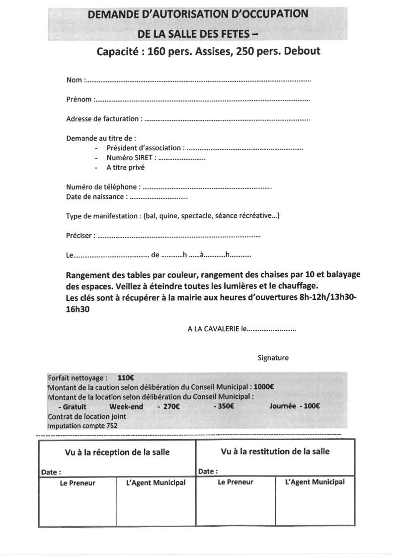 Demande d'occupation <br> Salle des fêtes