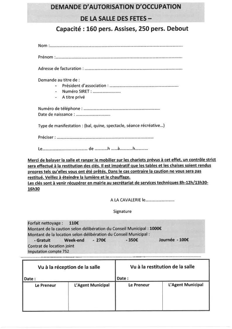 Demande d'occupation <br> Salle des fêtes