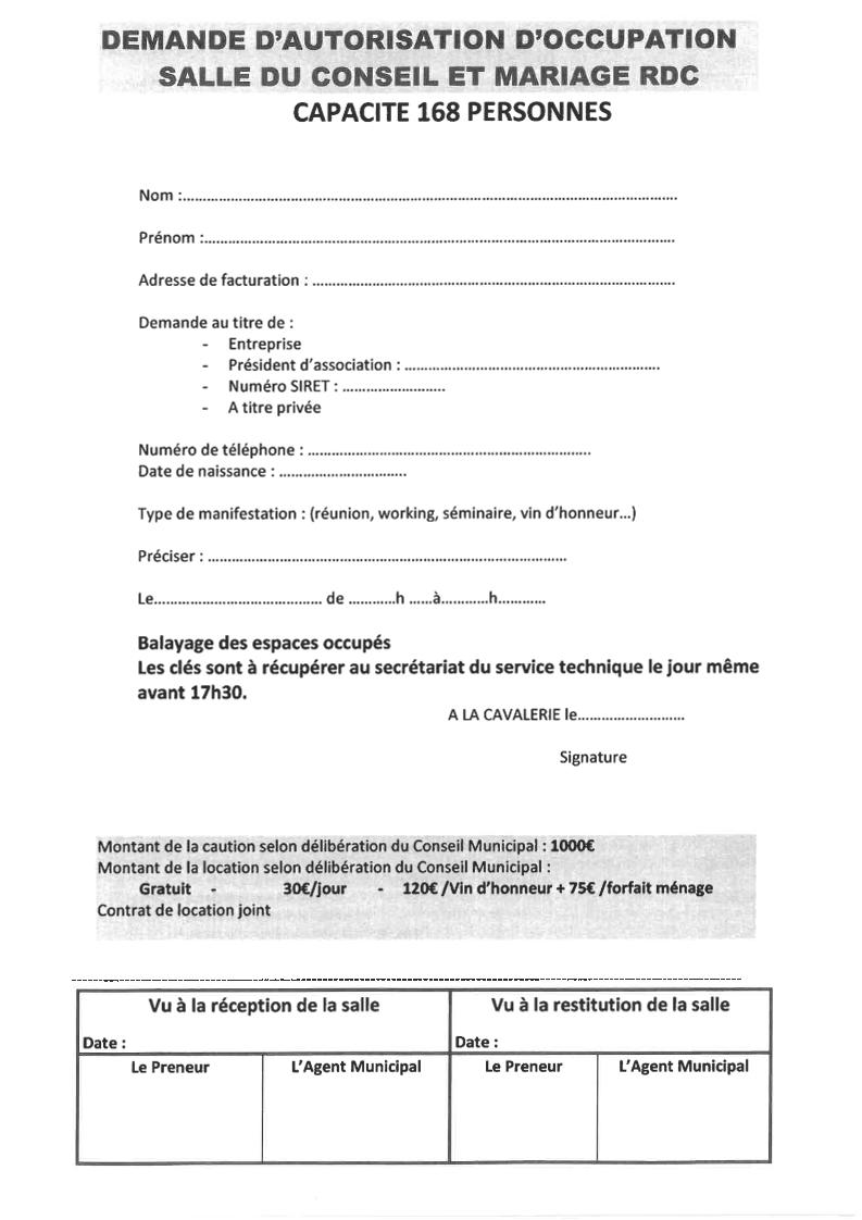 Demande d'occupation <br> Salle du conseil et mariage